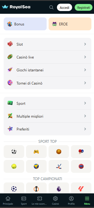 Royalsea navigation page mobile