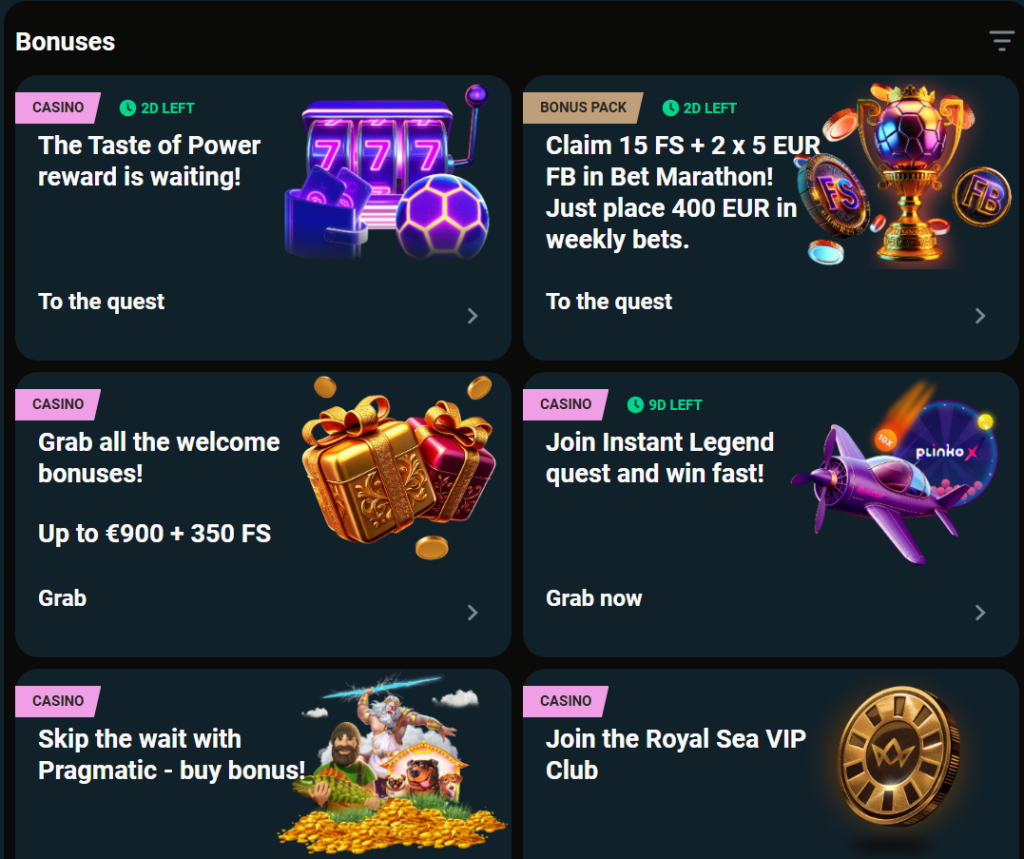 Royalsea all avilable bonuses